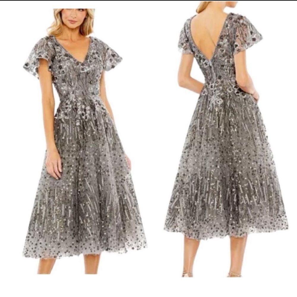 Mac Duggal 20392 Gunmetal Metallic Floral Beaded Midi Cocktail Dress |2